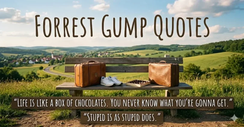 Bench with suitcases and quotes.