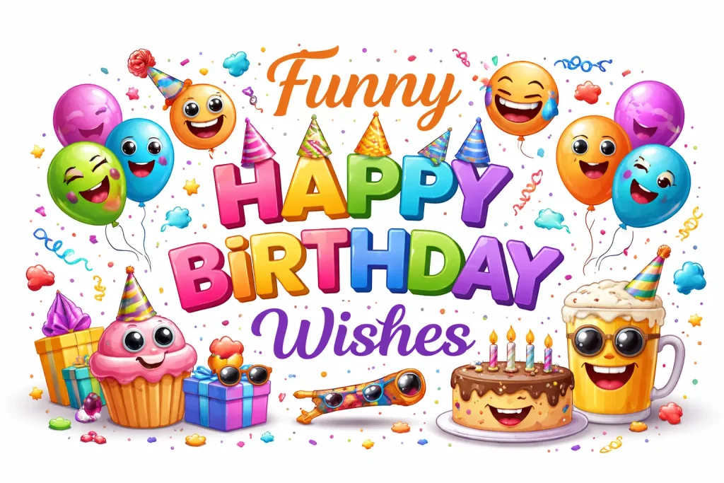 Colorful funny happy birthday wishes image with smiling balloons, cartoon cupcakes, party cake, gifts, and festive decorations on a bright background.
