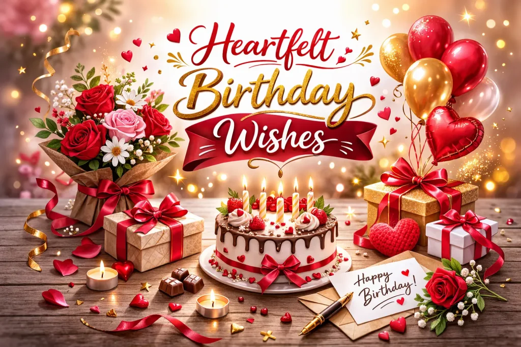 Elegant heartfelt birthday wishes image with roses, gift boxes, balloons, candles, and a decorated birthday cake in a warm golden celebration scene.