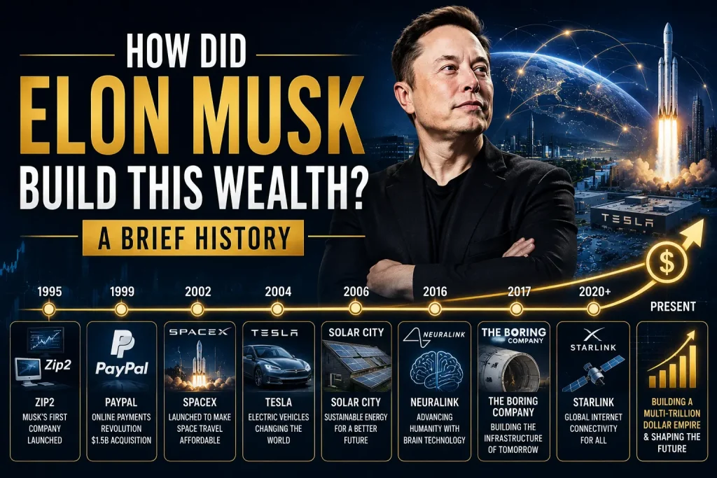 how did elon musk build this wealth a brief history
