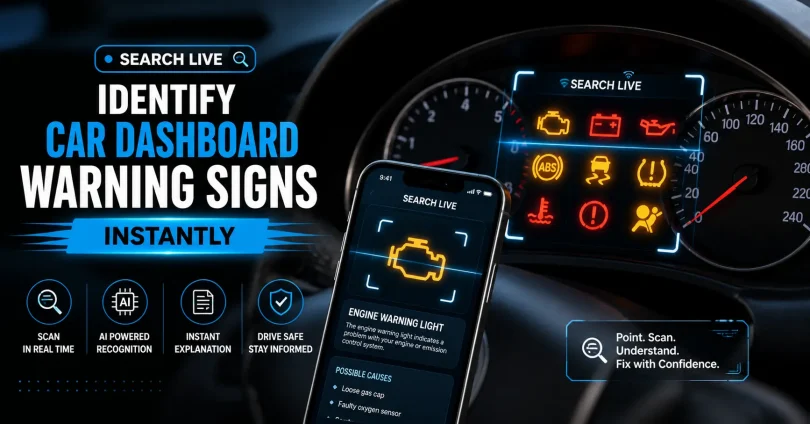 how do i use search live to identify the signs showing on my car dashboard
