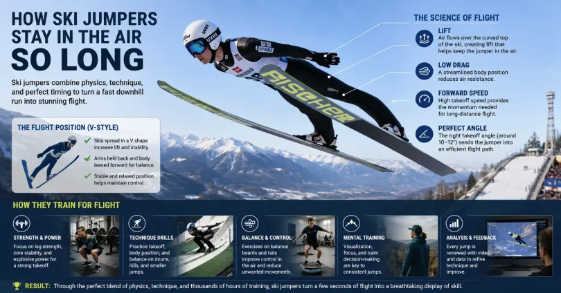 how ski jumpers stay in the air so long and how they train
