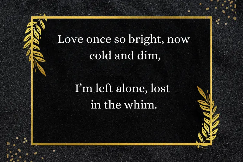 love once so bright, now cold and dim i am left alone, lost in the whim