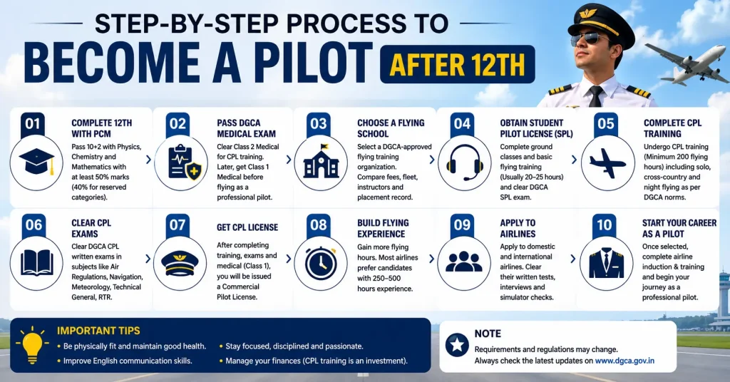 step by step process to become a pilot after 12th
