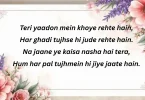 teri yaadon mein khoye rehte hain, har ghadi tujhse hi jude rehte hain. na jaane ye kaisa nasha hai tera, hum har pal tujhmein hi jiye jaate hain.